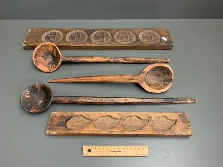 2 Vintage Hand Carved Timber Food Presees + 3 Long Spoons