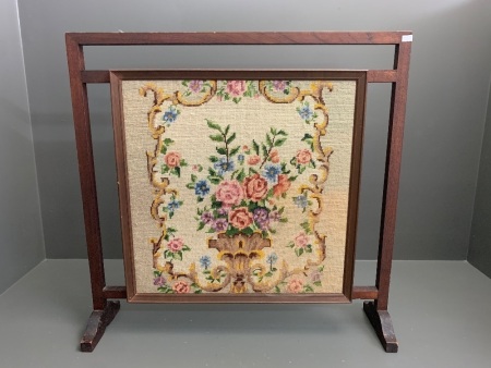 Vintage Timber Framed Embroidered Fire Screen