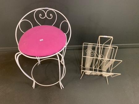 Scrolled Metal Stool with Pink Seat + Magazine Rack