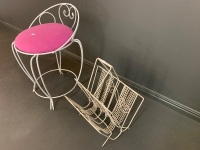 Scrolled Metal Stool with Pink Seat + Magazine Rack - 2