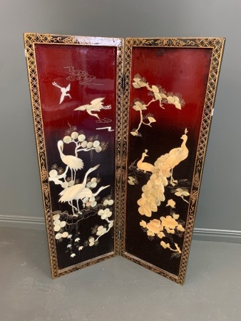 2 Part Asian Red Lacquered Screen with Shell Birds