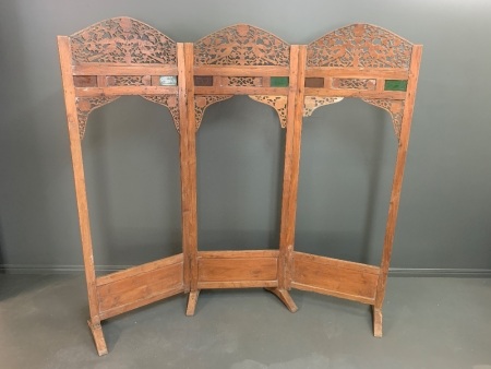 3 Part Intricately Carved Vintage Screen / Room Divider with Coloured Glass Panels