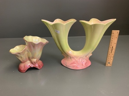 2 x Vintage Australian Lustre Pink/Green Double Vases