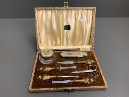 Vintage Boxed Vanity Set from Sherwood N.Z. with Brass Mounts and Embroidery Backs