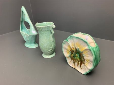 3 x Vintage Aqua Green Vases inc. Crown Devon & Casey Ware