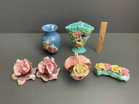 6 Pieces of Vintage Pottery with Applied Roses Decoration