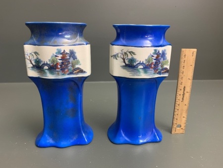 Pair of Antique Cobalt Blue with Asian Scene English Mantle Vases