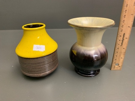 2 x Vintage German Pottery Vases - Yellow & Brown Lustre + Cream & Black Glazed