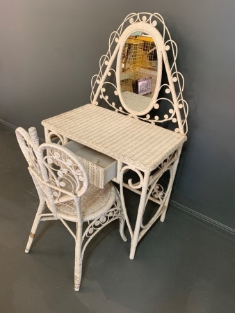 Vintage Peacock Style Woven Cane Dressing Table with Mirror and Chair