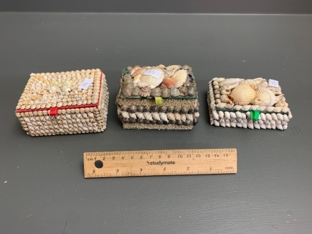 3 Vintage Shell Encrusted Lined Trinket Boxes