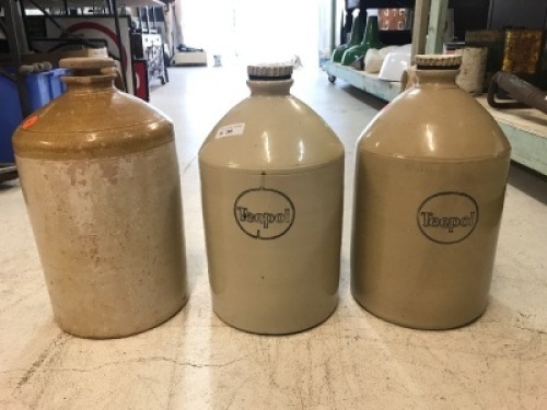 3 Stoneware Demijohns with Screw Caps 2 Teepol & 1 Plain