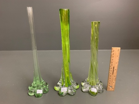 Lot of 3 Vintage Tall Green/Clear Glass Stem Vases - Largest App. 285mm Tall