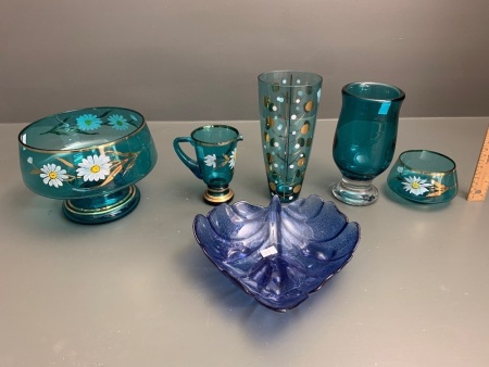 Asstd Lot of 6 Pieces Mainly Vintage Blue Glass inc. Vases & Bowls