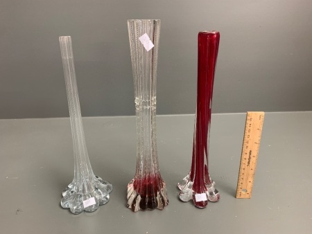 Lot of 3 Vintage Tall Ruby/Clear Glass Stem Vases