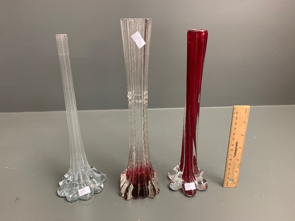 Lot of 3 Vintage Tall Ruby/Clear Glass Stem Vases