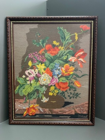 Large Vintage Embroidery of Still Life Flowers