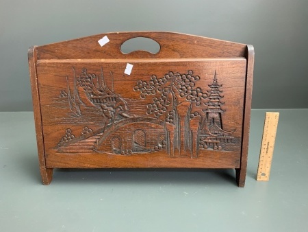 Vintage Timber Magazine Rack with Japanese Carved Design