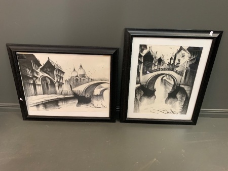 2 Original Charcoal On Paper Framed Artworks of Venice