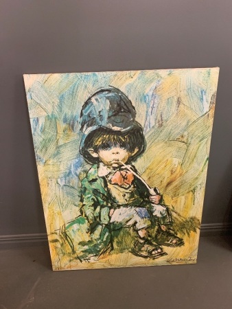 Large Mid Century Print on Canvas of Young Boy With Clay Pipe Signed Bottom Right