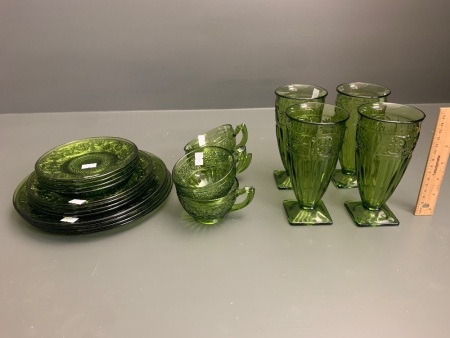 Green Glass Set inc. 4 Glasses, 4 C&S, 4 Tea Plates + 4 Sandwich Plates