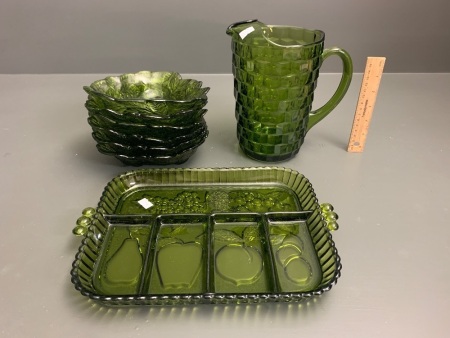 Vintage Olive Green Glass Jug, Fruit Tray & 6 Strawberry Bowls