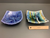 2 x Art Pottery Glazed Square Bowls - Both Signed