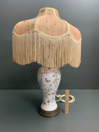 Tall Ceramic Lamp Base Decorated with Blossom and Butterflies on Metal Base