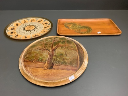 Vintage Hand Painted Timber Plaque + Timber Tray with Aboriginal Lizard & 1974 Australian Heitage Glass Plate