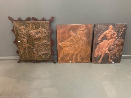 3 Large Vintage Mid Century Beaten Copper Art Pictures of Matadors