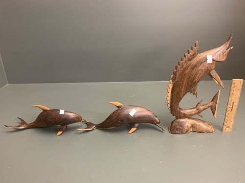 2 Carved Hardwood Dolphins + Sailfish - As Is