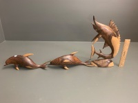 2 Carved Hardwood Dolphins + Sailfish - As Is - 2