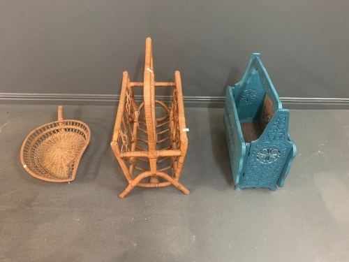 Blue Painted Carved Timber Mag Rack + Cane Rack & Leaf Tray