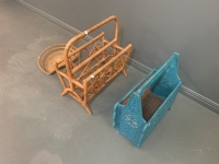 Blue Painted Carved Timber Mag Rack + Cane Rack & Leaf Tray - 2