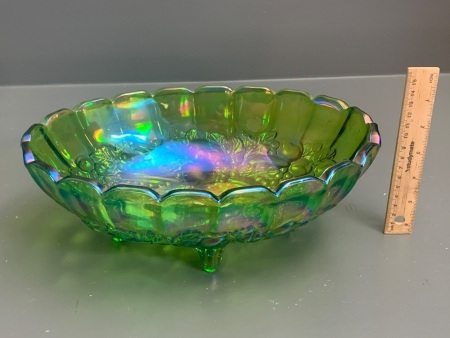 Large Green Carnival Glass Fruit Bowl