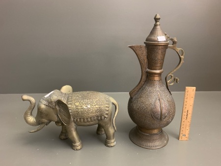 Cast White Metal Elephant + Vintage Incised Copper & Brass Coffee Pot