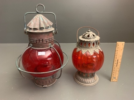 2 Contemporary Red Glass Hanging Lanterns