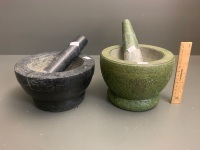 2 x Large Granite Pestle & Mortars - 1 Grey 1 Green