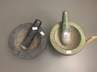 2 x Large Granite Pestle & Mortars - 1 Grey 1 Green - 2