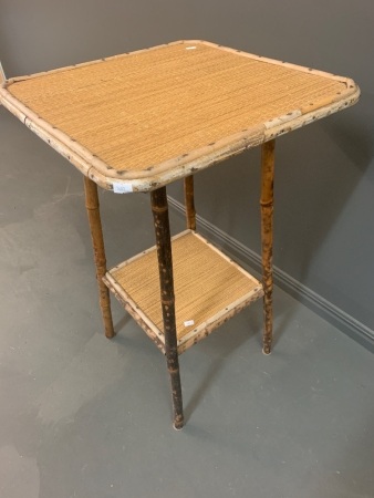 Vintage 2 Tier Tapered Leopard Cane Table with Woven Rush Top