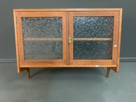 Vintage Silky Oak Two Door Wall Hung Kitchen Cupboard with Obscured Glass Doors