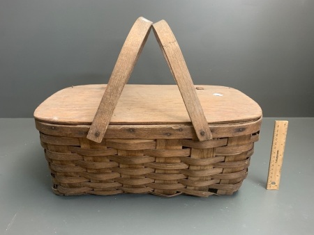 Vintage Trug Style Woven Basket with Lid and Steamed Handles