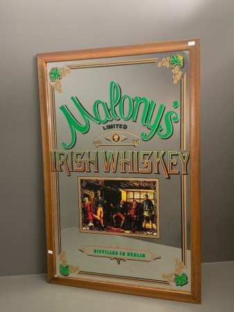 Large c1970's Vintage Framed Malony's Irish Whiskey Pub Mirror