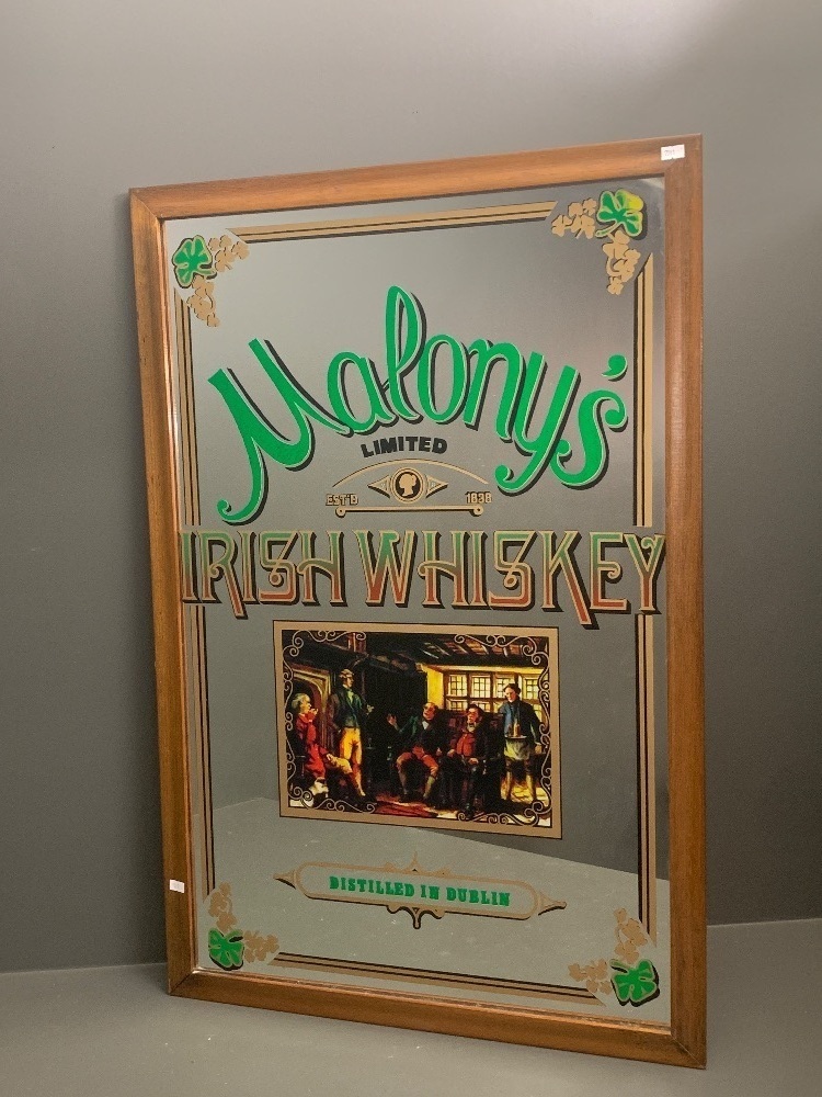 Large c1970's Vintage Framed Malony's Irish Whiskey Pub Mirror