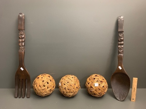 Large Carved Fork & Spoon + 3 Woven Balls