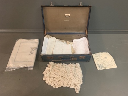 Vintage Suitcase of Linen, Tablecloths etc