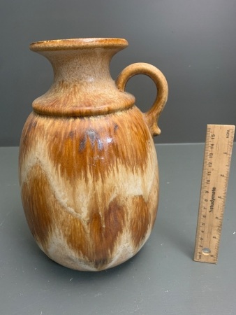 Vintage W.German Pottery Mid Century Single Handled Vase with Brown Drip Glaze