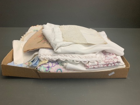 Assorted Box Lot of Vintage Linen and Lace inc. Tablecloths, Doileys etc