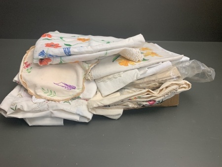 Assorted Box Lot of Vintage Linen and Lace inc. Tablecloths, Damask etc