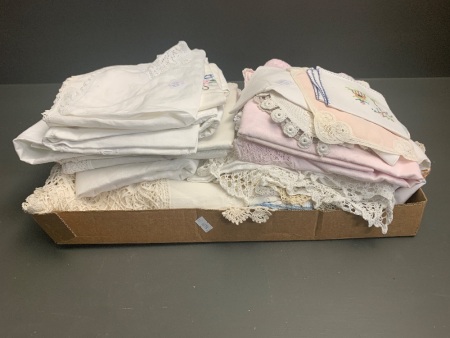 Large Assorted Box Lot of Vintage Linen and Lace inc. Tablecloths, Placemats Etc