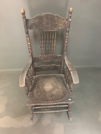 Antique Australian Rocking Chair with Pressed Timber and Spindle Back